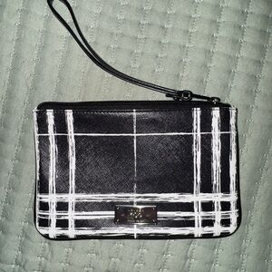 RALPH LAUREN Black & White Plaid SWANFIELD Leather Strap Med Wristlet